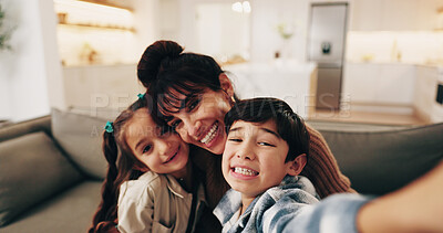 Buy stock photo Selfie, smile and portrait of mother with children on sofa in home with bonding, love and relax. Happy, care and mom with kids for photography picture with connection together in living room at house