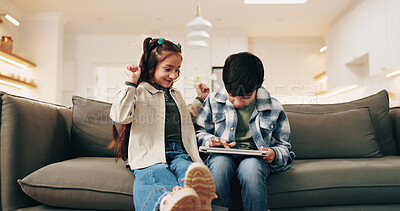 Buy stock photo Celebration, fist pump and siblings with tablet on sofa in home living room for education games. App, brother and sister in apartment together for child development learning or winning as family