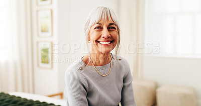 Buy stock photo Portrait, smile and senior woman in bedroom, confident and positive attitude on break or stress free. Retirement, home and happy person with pride on weekend, relax and chilling with good mood in USA