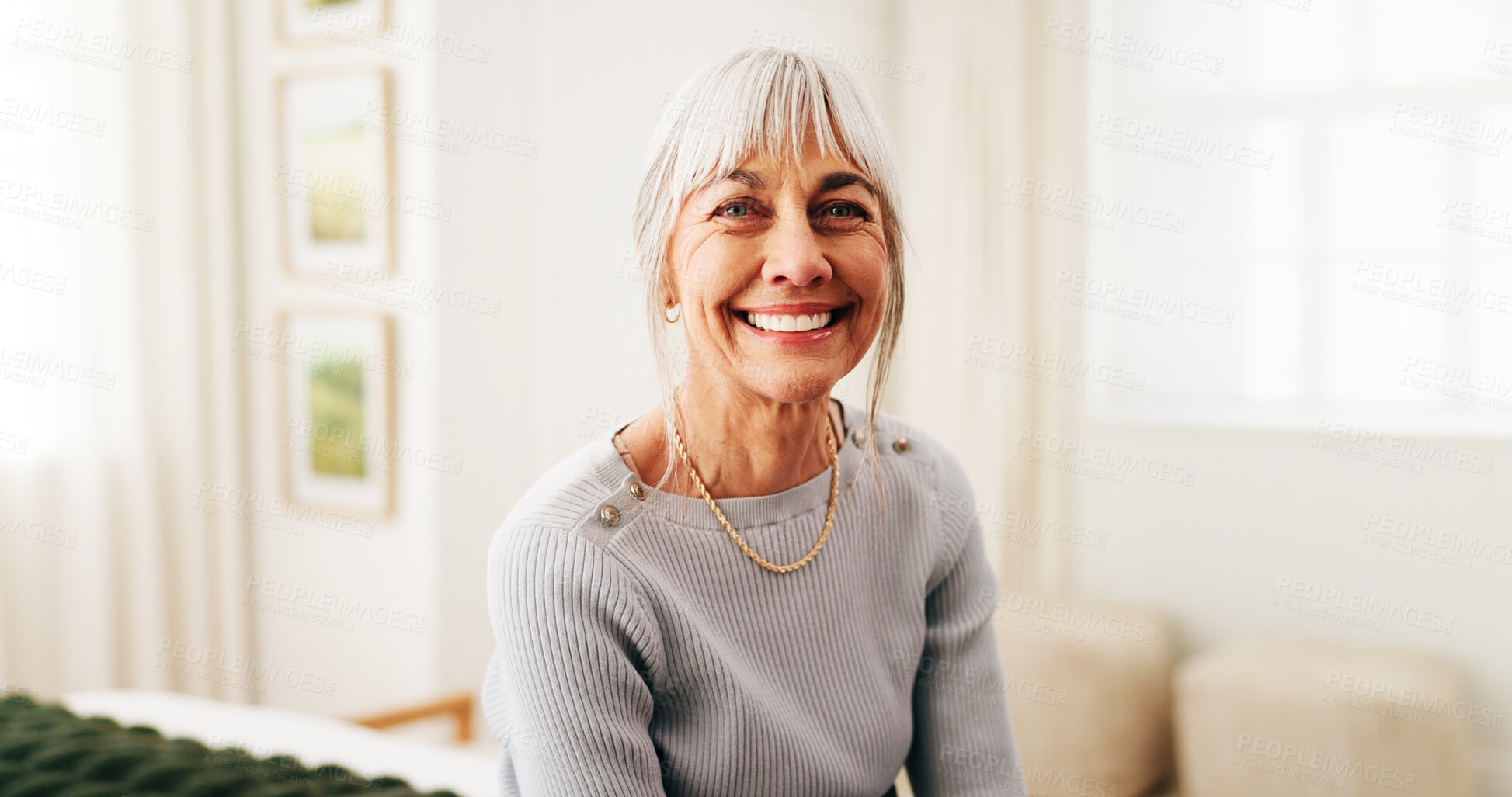 Buy stock photo Portrait, smile and senior woman in bedroom, confident and positive attitude on break or stress free. Retirement, home and happy person with pride on weekend, relax and chilling with good mood in USA