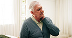Senior, man and home with neck pain for muscle tension, strain or overworked pressure in bedroom. Elderly, male person or sore spasm with arthritis, discomfort or ache for bad posture in house