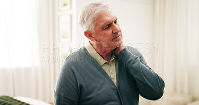 Buy stock photo Senior, man and home with neck pain for muscle tension, strain or overworked pressure in bedroom. Elderly, male person or sore spasm with arthritis, discomfort or ache for bad posture in house