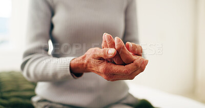 Buy stock photo Woman, hands and elderly patient with pain on bed for arthritis, joint inflammation or stiffness. Senior, female person or wrist ache with injury or discomfort for muscle tension, pressure or strain