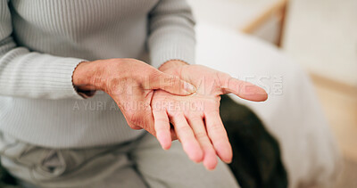 Buy stock photo Woman, hands and senior patient with pain on bed for arthritis, joint inflammation or stiffness. Elderly, female person or wrist ache with palm, injury or discomfort for muscle tension or strain