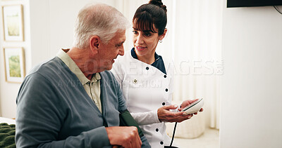 Buy stock photo Nurse, checkup and old man in retirement home with blood pressure machine, healthcare or evaluation. Senior person, caregiver and medical equipment in consultation for hypertension test, exam or help