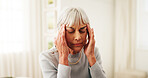 Senior, woman and home with headache for stress, mental health or overwhelming pressure. Elderly, female person or sore ache with migraine, anxiety or disorder for Alzheimers or pain in nursing house