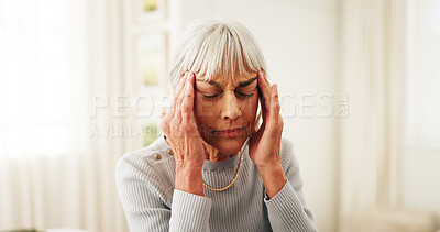 Buy stock photo Senior, woman and home with headache for stress, mental health or overwhelming pressure. Elderly, female person or sore ache with migraine, anxiety or disorder for Alzheimers or pain in nursing house
