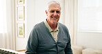 Portrait, smile and senior man in bedroom, confident and positive attitude on weekend or stress free. Retirement, home and happy person with pride on break, relax and chilling with good mood in USA