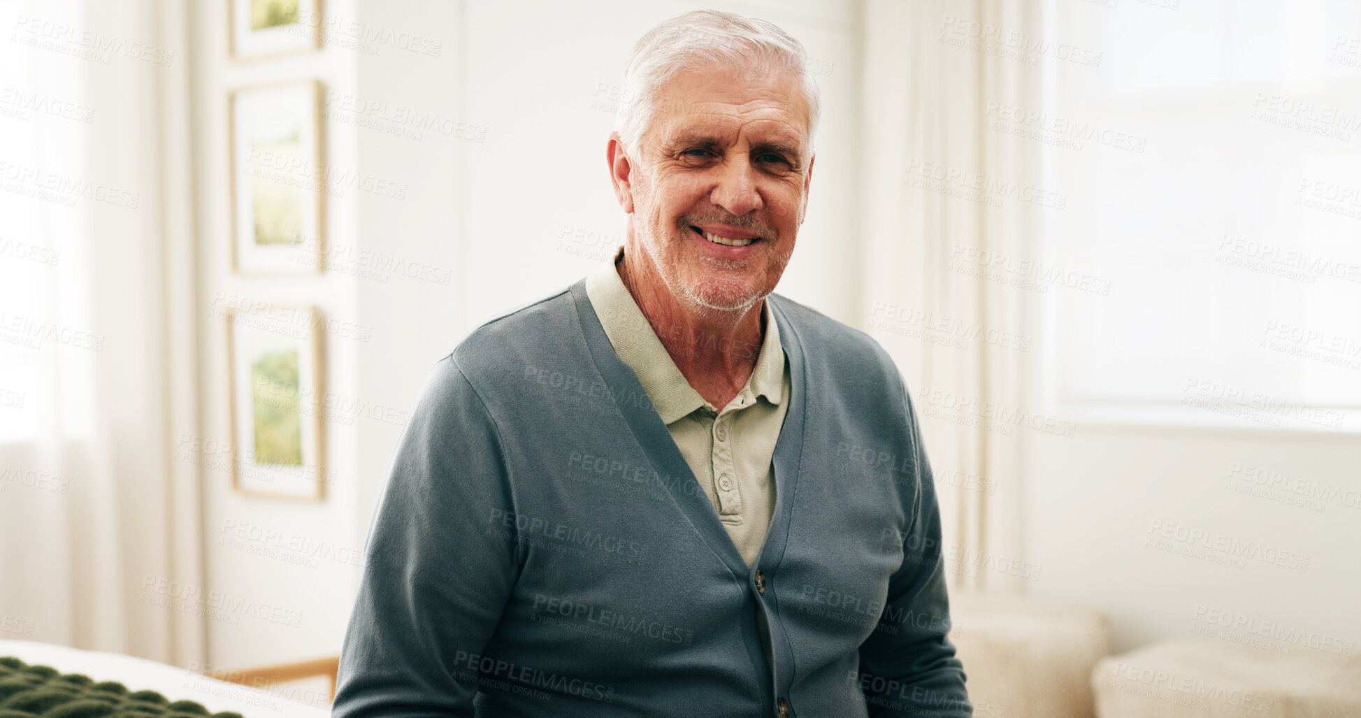 Buy stock photo Portrait, smile and senior man in bedroom, confident and positive attitude on weekend or stress free. Retirement, home and happy person with pride on break, relax and chilling with good mood in USA