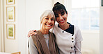Portrait, caregiver and old woman in nursing home with support, smile and medical help for wellness. Happy, senior person and nurse in retirement center with checkup, healthcare assistance and trust.