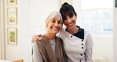 Buy stock photo Portrait, caregiver and old woman in nursing home with support, smile and medical help for wellness. Happy, senior person and nurse in retirement center with checkup, healthcare assistance and trust.