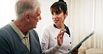 Caregiver, tablet and old man in nursing home with conversation, medical advice and tips for wellness. Nurse, senior person and talk in retirement center with tech, healthcare records and assistance.