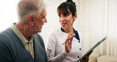 Buy stock photo Caregiver, tablet and old man in nursing home with conversation, medical advice and tips for wellness. Nurse, senior person and talk in retirement center with tech, healthcare records and assistance.