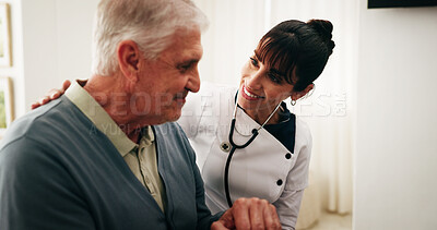 Buy stock photo Nurse, stethoscope and old man in retirement home with checkup, medical support or heart health test. Caregiver, senior person and smile in appointment with healthcare tools, respiratory exam or help