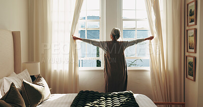 Buy stock photo Senior, woman and open curtains in retirement home for morning reflection, getting ready or daylight. Back, elderly person and wake up by bedroom window with drapes, thinking and housework routine.
