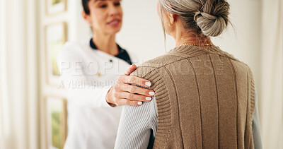 Buy stock photo Caregiver, comfort and talk in nursing home with old woman, medical diagnosis and advice for wellness. Nurse, senior person and help in retirement center with healthcare, support and console patient.