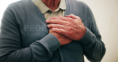 Buy stock photo Senior, man and hands with chest pain in home for cardiac arrest, respiratory infection or disease. Elderly, male person or asthma with heart ache, chronic stress or high blood pressure in house