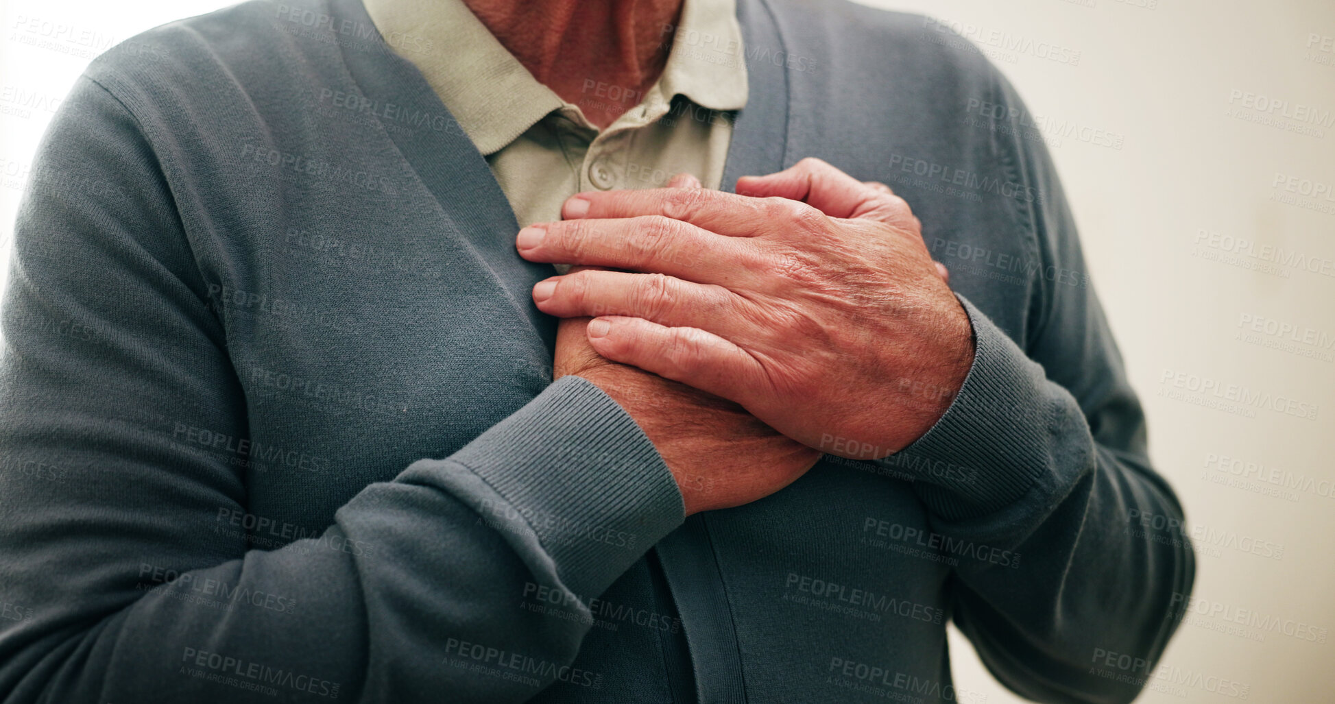 Buy stock photo Senior, man and hands with chest pain in home for cardiac arrest, respiratory infection or disease. Elderly, male person or asthma with heart ache, chronic stress or high blood pressure in house