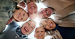 Below, portrait and big family in circle outdoor with bonding, love and connection on holiday. Happy, care and children with parents and grandparents in huddle for support and safety on vacation.