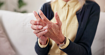 Buy stock photo Old woman, massage and ache in home with hand pain, inflammation and symptoms of arthritis. Sore, senior person or injury at house with joint strain, osteoporosis and relief of fibromyalgia condition