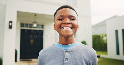 Buy stock photo Happy, portrait and child in front yard with smile for holiday, break and positivity in neighborhood. Home, childhood and African boy with pride, good mood and confident with fresh air outdoor