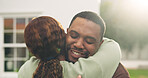 Happy, hug and couple outdoor at new home with bonding, safety or real estate investment together. Smile, love and black man embracing woman n backyard for care, connection or marriage at house.