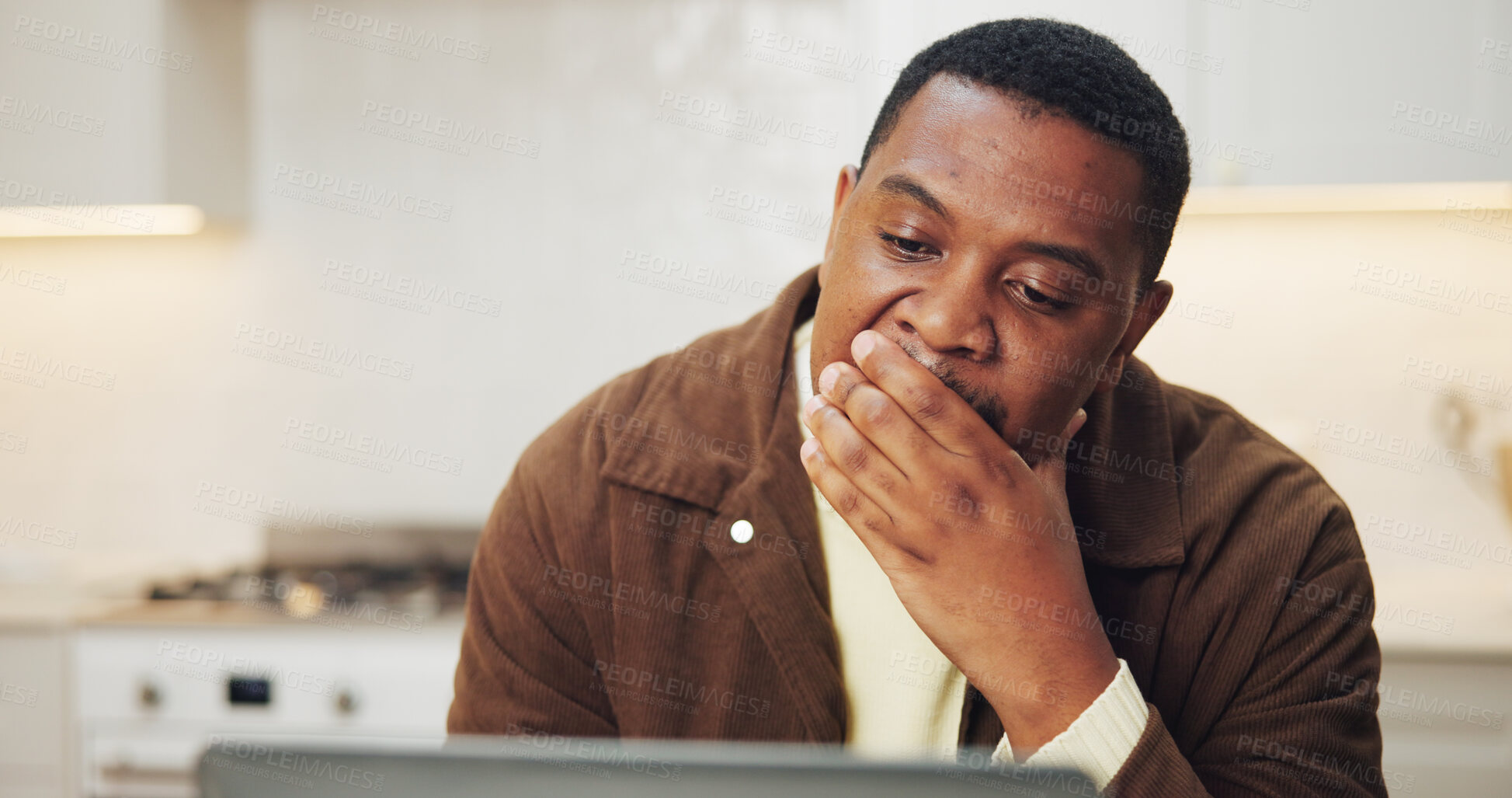 Buy stock photo Stress, black man and reading in home with laptop, glitch and financial mistake for online banking. Worry, person and concern at house with pc, incorrect balance and fraud notification for bankruptcy