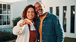 Smile, portrait and couple with keys to new home, laugh and support with property investment. African man, woman and keychain for real estate goal, dream house and love with mature partner outdoor