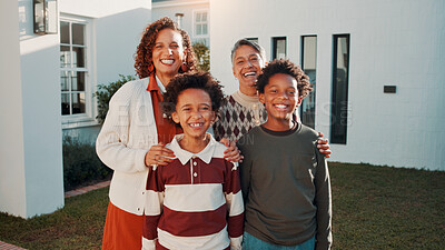 Buy stock photo Generations, new home and portrait of family outdoor in front yard together for investment or purchase. Boy children, grandmother and mom in garden of apartment for mortgage approval of dream house