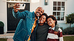 New home, selfie and smile of black family outdoor in front yard together for investment or purchase. Boy children, father and photograph in garden of apartment for mortgage approval of dream house