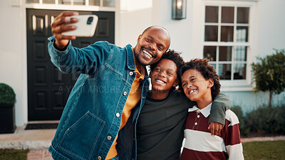 Buy stock photo New home, selfie and smile of black family outdoor in front yard together for investment or purchase. Boy children, father and photograph in garden of apartment for mortgage approval of dream house