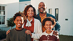 New home, love and portrait of happy family outdoor in front yard together for investment or purchase. Boy children, father and mother in garden of apartment for mortgage approval of dream house