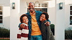 Hug, new home and portrait of black family outdoor in front yard together for investment or purchase. Boy children, dad and embracing in garden of apartment for mortgage approval of dream house
