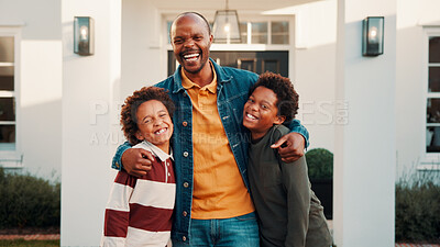 Buy stock photo Hug, new home and portrait of black family outdoor in front yard together for investment or purchase. Boy children, dad and embracing in garden of apartment for mortgage approval of dream house