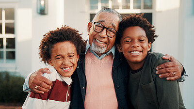 Buy stock photo Hug, new home and portrait of happy family outdoor in front yard together for investment or purchase. Boy children, embrace and grandfather in garden of apartment for mortgage approval of dream house
