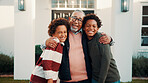 New home, portrait and smile of family hug in garden together for investment or purchase. Boys, children and grandfather with embrace in backyard of apartment for mortgage approval of dream house