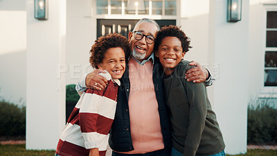 Buy stock photo New home, portrait and smile of family hug in garden together for investment or purchase. Boys, children and grandfather with embrace in backyard of apartment for mortgage approval of dream house