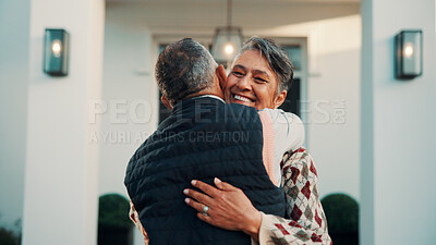 Buy stock photo Smile, hug and senior couple with new home, care and support with property investment. Happy man, woman and embrace for real estate goal, mortgage security and love with partner in retirement outdoor
