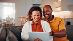 Couple, laughing and relax with tablet in lounge, love or streaming film with subscription in house. Entertainment, home and happy people with tech for funny movie, online and watching series on sofa