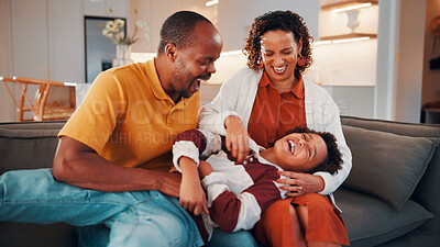 Buy stock photo Parents, laugh and tickle child in home with family bonding together, love or humor on weekend break. Happy African people, mother and father play on sofa with son, care or funny joke for connection.