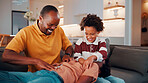 Father, laugh and tickle children in house with family bonding together, love and humor on weekend. Happy, African man and boys play in living room with funny joke, trust and parent care for kids.