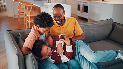 Buy stock photo Father, laugh and tickle children in home with family bonding together, love and humor on weekend. Happy, African man and boys play in living room with funny joke, trust and parent care for kids.