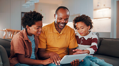 Buy stock photo Father, kids and relax in home with tablet, family bonding or teaching son how to play education game. African man, children and smile in living room with tech, online gaming and help for learning.