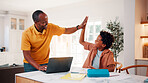 Father, child and high five in home with homework, good news or celebration for learning success. Smile, black family or laptop at house with kid, congratulations and achievement for academic results