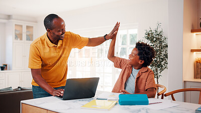 Buy stock photo Father, child and high five in home with homework, good news or celebration for learning success. Smile, black family or laptop at house with kid, congratulations and achievement for academic results