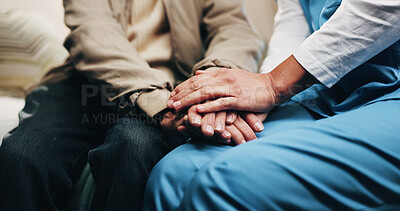 Buy stock photo Nurse, patient or holding hands with empathy for emotional support, trust or healthcare service. Consultation, health worker or touch with understanding for medical results, news or sympathy in house