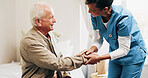 Nurse, healthcare and senior patient in house for assisted living, medical aid or health visit. Female person, caregiver or monitoring wellbeing for elderly care, diagnosis or support in nursing home