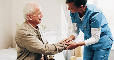 Buy stock photo Nurse, healthcare and senior patient with helping hand in house for assisted living or medical aid. Female person, caregiver or monitoring man for elderly care, diagnosis or support in nursing home