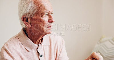 Buy stock photo Thinking, planning and senior man in bedroom at house for reflection, remember and retirement memory. Relax, nostalgia and elderly person with dementia on bed with ideas for pension in home.