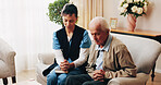 Nurse, praying and senior man with bible in home for faith, religion or christianity. Woman, healthcare worker or caregiver with holy book for elderly care, blessing or spiritual healing in house